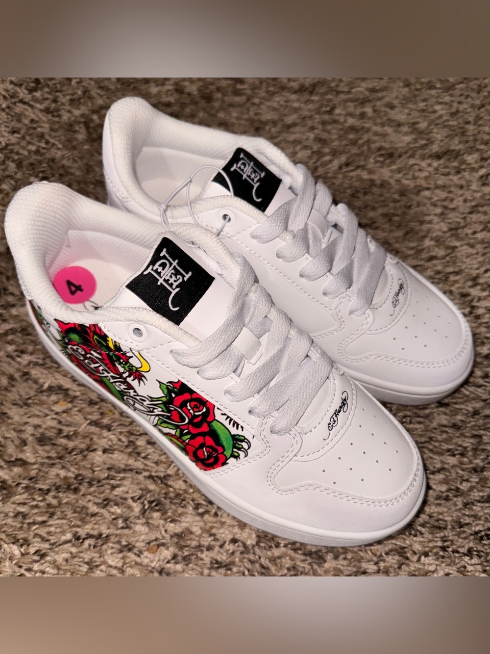 Ed Hardy White Sneakers with Red Rose and Green Leaf Side Art